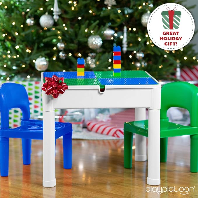 Play Platoon 5 in 1 Kids Activity Table and Chair Set - Building Block, Stem, Craft & Sensory Tables for Toddlers with 2 Chairs & 25 XL Blocks - Blue and Green