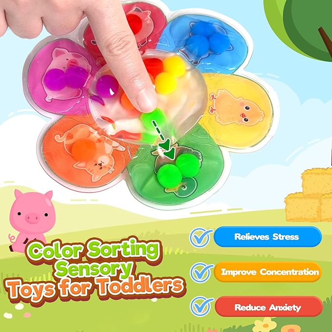 2PC Color Sorting Sensory Toys for Toddler Girls, Farm Animal Classroom Learning Activities Roadtrip Travel Essential Dementia Fidget Montessori Matching Game Valentine Gifts for Kids Boys Aged 2 3 4