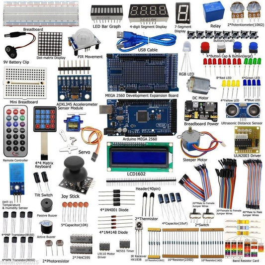 Complete Ultimate STEM Electronic Projects Starter Kit for Arduino with Mega2560, LCD1602, Servo, Stepper Motor, Sensors, Breadboard, Jumper Wire, Resistor, Capacitor, Transistor and Tutorial