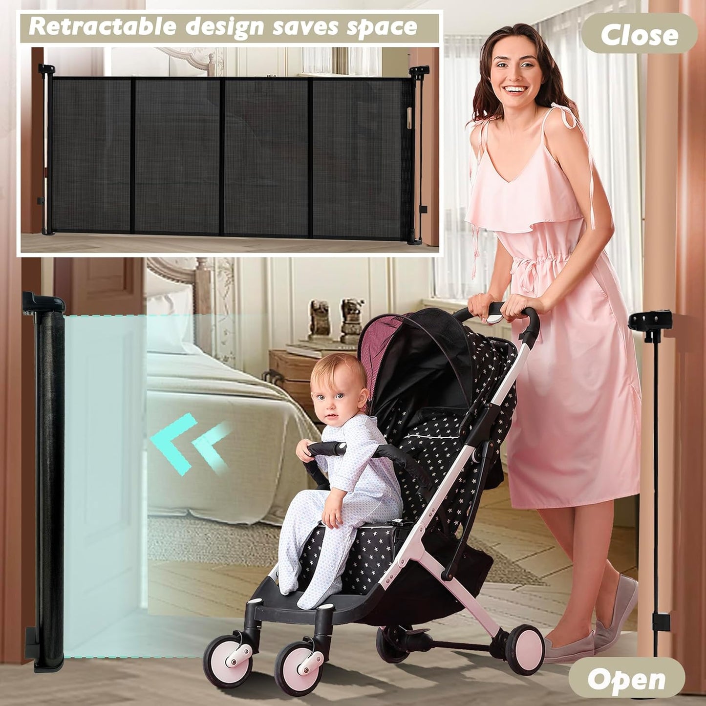 150" Extra Wide Retractable Baby Gates Dog Gate for Large Opening, 41" Extra Tall Mesh Pet Gate, Long Child Safety Gates with Fiberglass Rods for Stairways, Doorways, Hallways - Indoor/Outdoor Use