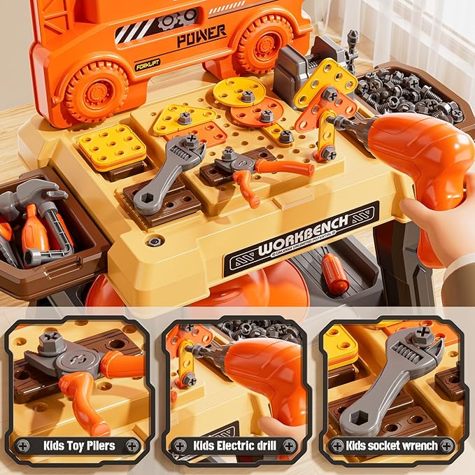 Kids Tool Bench Set with Electric Drill and Realistic Tool, Pretend Play Construction Workbench Toys for Toddlers Ages 3-5 Years Old, Birthday Gifts for Boys Age 3 4 5 6 7 8 Year Old