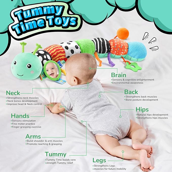 LIGHTDESIRE Baby Toys 6-12 Months Musical Caterpillar,Infant Toys 0-6 Months Sensory Toy with Ruler Design,Mirror,Pull String,Crinkle&Rattles,Baby Teething Toy for Tummy Time Boy Girl Gifts (Ice Blue)