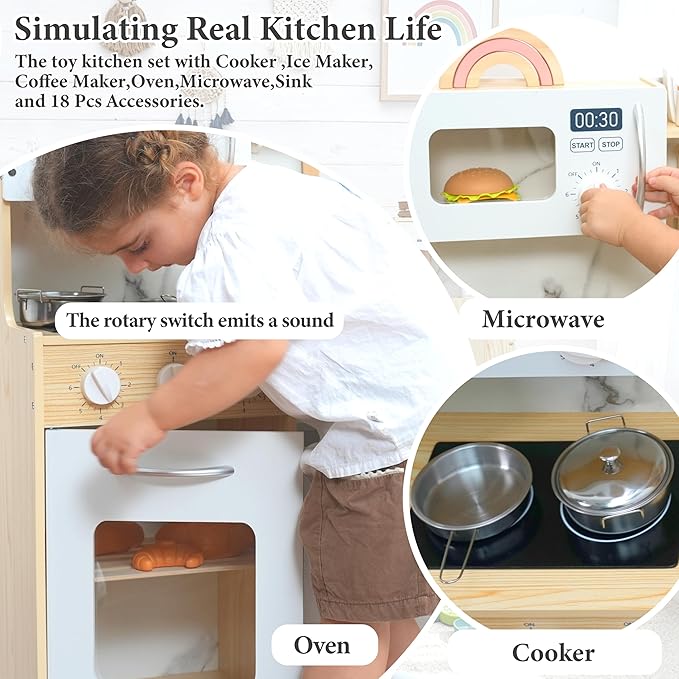 Wooden Play Kitchen set for Toddlers and Kids with Storage System,Ice Maker,Fridge,Coffee Machine,Oven,Microwave,Pretend Kitchen set for Small Spaces, Toy Kitchen Gift for Boys and Girls 3-5