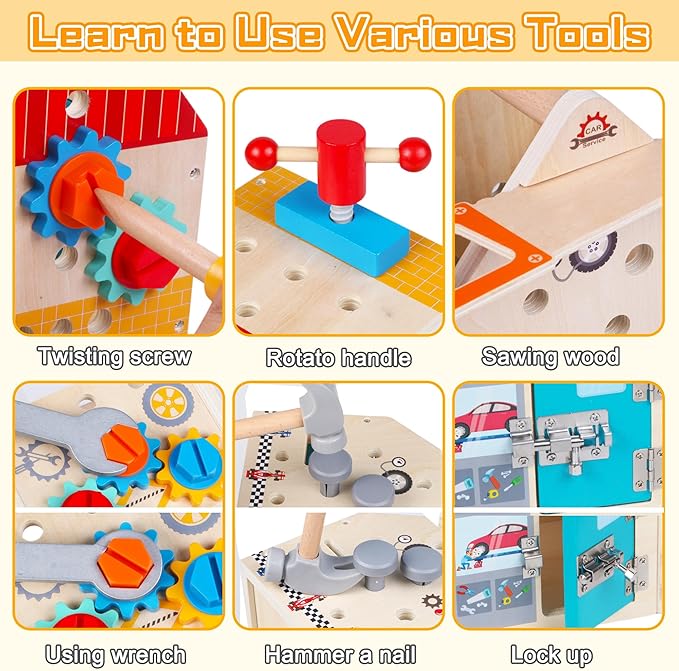Toddler Tool Kit - 33 PCS Montessori Toddlers Tool Box, Kids Pretend Play Tool Set Age 2-4, STEM Educational Toys for Age 3, Wooden Construction Toys, Boys Birthday Gift 2,3,4,5 Year Old (House)