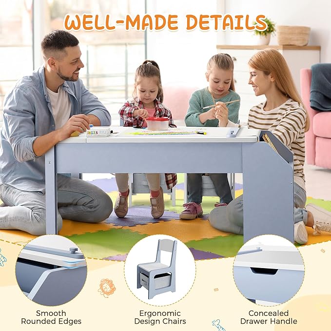 5-in-1 Kids Art Table and Chairs, Wood Toddler Table and Chair Set with Storage Drawers, Craft Play Desk for Kids, Convertible Art Easel with Paper Roll Holder, Children Activity Learning Center-Blue