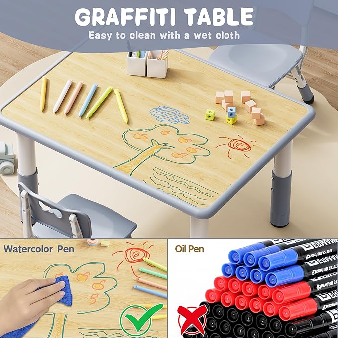 Brelley Kids Table and 2 Chairs Set, Height Adjustable Toddler Table and Chair Set, Graffiti Desktop, Classroom/Daycare/Home, Children Multi-Activity Table for Ages 2-8