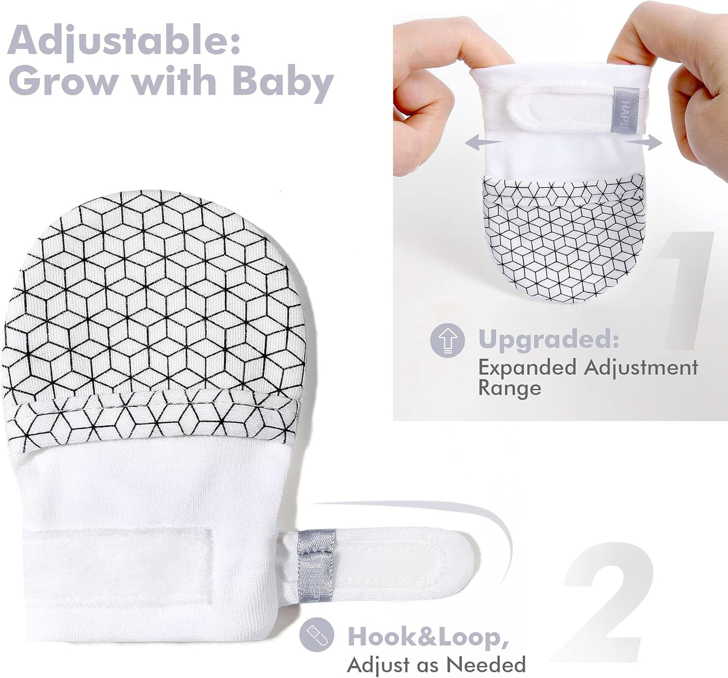 HAPIU Baby No Scratch Mittens Stay On, 100% Cotton Breathable, Adjustable Infant Gloves for Boys Girls, Newborn - 12 M