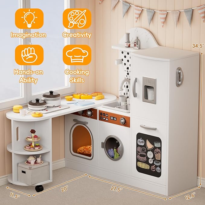 Wooden Play Kitchen with 180 Degree Rotation, Interactive Kids Corner Toy Kitchen Playset with Lights & Sounds, Toddler Kitchen Play Set with Realistic Accessories for Girls Boys Ages 3+, White