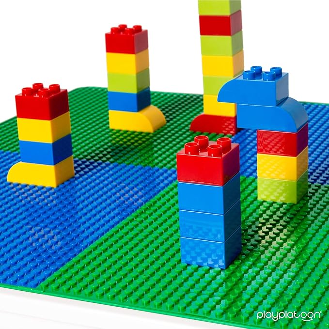 Play Platoon 5 in 1 Kids Activity Table and Chair Set - Building Block, Stem, Craft & Sensory Tables for Toddlers with 2 Chairs & 25 XL Blocks - Blue and Green