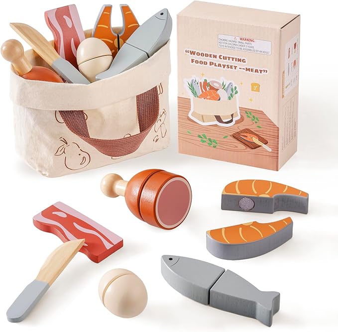 ROBOTIME Wooden Play Food Cutting Meat & Eggs Set, Pretend Play Toy Food for Play Kitchen with Shopping Bag – Kids Kitchen Accessories, Wooden Food Toys for Boys & Girls