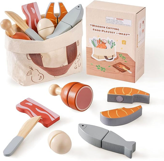 ROBOTIME Wooden Play Food Cutting Meat & Eggs Set, Pretend Play Toy Food for Play Kitchen with Shopping Bag – Kids Kitchen Accessories, Wooden Food Toys for Boys & Girls