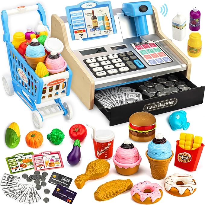 Wooden Cash Register for Kids with Shopping Cart Rechargeable Kid Cash Register with Scanner Gift for Kids Age 3 4 5 6 7 8 9 Year Old Pretend Play for Toddlers Toys for 3-12 Year Old Boys