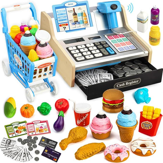 Wooden Cash Register for Kids with Shopping Cart Rechargeable Kid Cash Register with Scanner Gift for Kids Age 3 4 5 6 7 8 9 Year Old Pretend Play for Toddlers Toys for 3-12 Year Old Boys