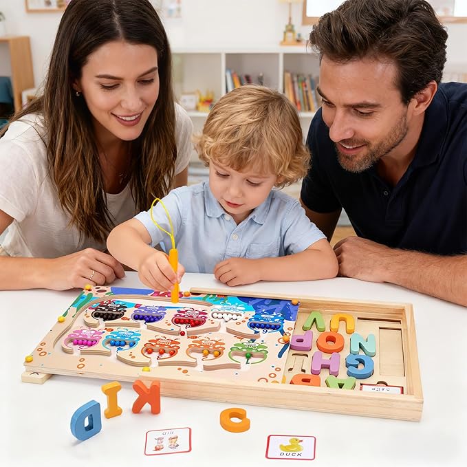 4 in 1 Wooden Montessori Toys with Storage Box for 3-5 Year Old- Magnetic Color and Number Maze, Alphabet Puzzles, Drawing Board, Toddlers Educational Learning Toy Gift for Kids Boys Girls