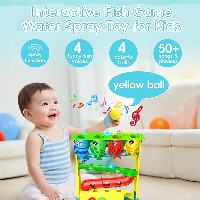 Ball Drop Toy for 1, 2 Years Old Boys & Girls, Interactive Toddler toy with Lights, Music & Water Spray, Montessori STEM Learning Toys for 9-18 Months, Infant Early Development Gift (Blue)