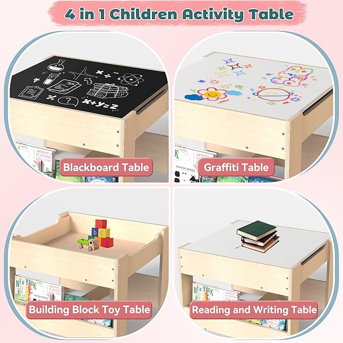 4-in-1 Kids Wooden Activity Desk & Chair Set – Birch Plywood Table with Reversible Whiteboard & Chalkboard, 3 Storage Areas for Toddlers’ Learning, Art, and Play(1-4 Years)