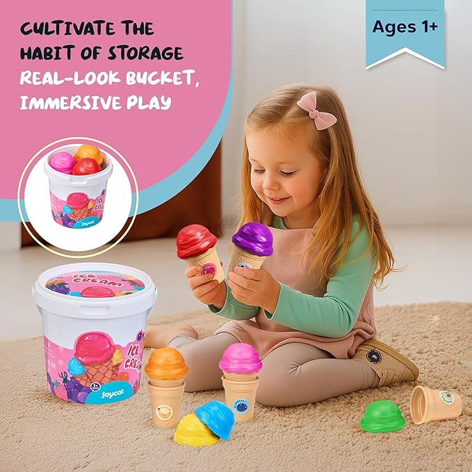JOYCAT Ice Cream Play Set for Toddlers 1-3, Color Sorting Stacking Toys with 7 Matching Cones & Scoops, Pretend Play Food for Girls Kids Christmas Gifts, Fine Motor Skills Learning Toys for Preschool