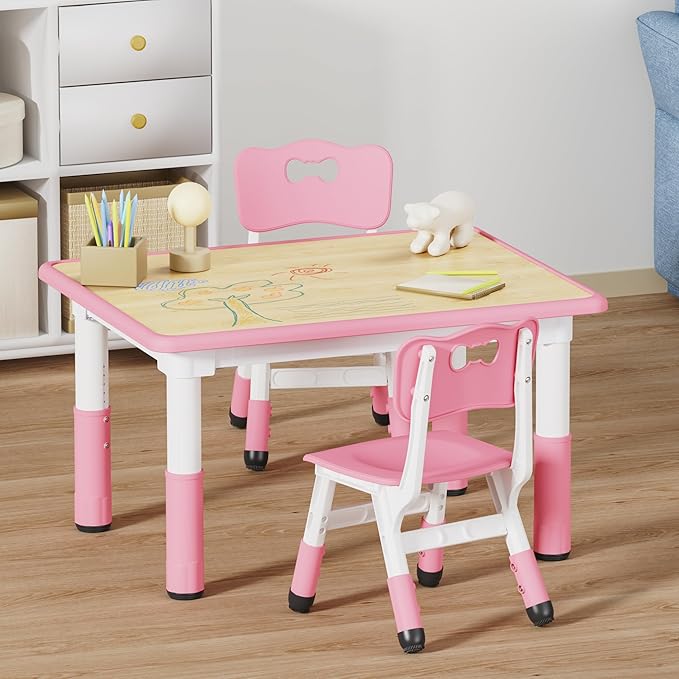 Brelley Kids Table and 2 Chairs Set, Height Adjustable Toddler Desk 31.5" L x 23.6" W and Chair Set, Graffiti Desktop, Classroom/Daycare/Home, Children Multi-Activity Table for Ages 2-8