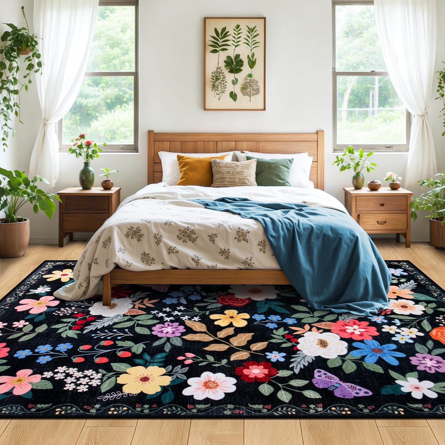 10x14 Area Rugs for Living Room: Floral Washable Rug Vintage Large Soft Boho Non-Slip Carpet Stain Resistant Low Pile Carpets for Bedroom Dining Room Farmhouse Nursery Hallway Home Office Black