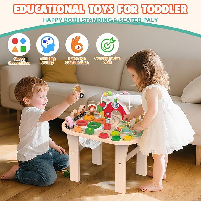 Activity Table for 1 Year Old, Baby Wooden Sensory Table with Bead Maze Shape Sorter Train Track for Toddler, Farm Montessori Toy Activity Center Educational Learning Toys for Kids 12+ Months