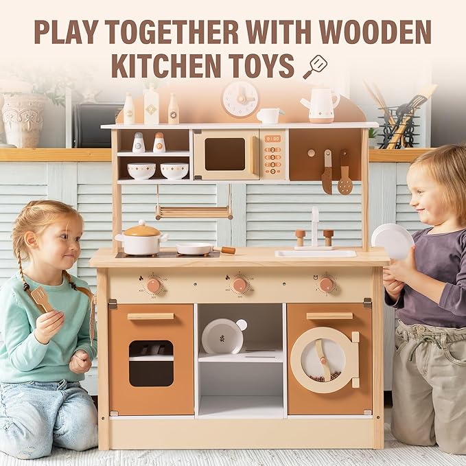 ROBOTIME Wooden Play Kitchen Set, Play Kitchen Set for Kids with Realistic Design, Kids & Toddlers Kitchen Playset with Dishwasher, Toy Kitchen Set for Boys and Girls Ages 3+ (Brown)
