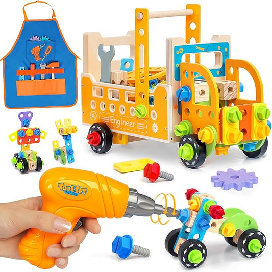 Kids Tool Set with Drill&Apron ,85pc Toddler Play Tool Drill and Screw Toys Pretend Play Wooden Construction Kits for Kids Ages 3-8,Christmas Birthday Gift for Boys Girls