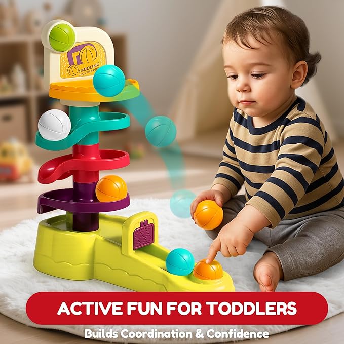Montessori Ball Drop Toy for Toddlers 1-3, 2-in-1 Basketball Shooting Launcher with Spiral Ball Ramp Tower, Cause & Effect Preschool Learning, Birthday for Boys Girls