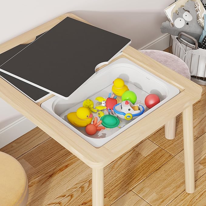 Sensory Table, Kids Activity Table, Wooden Play Table with Bins, Montessori Table, Chalk Board and Whiteboard