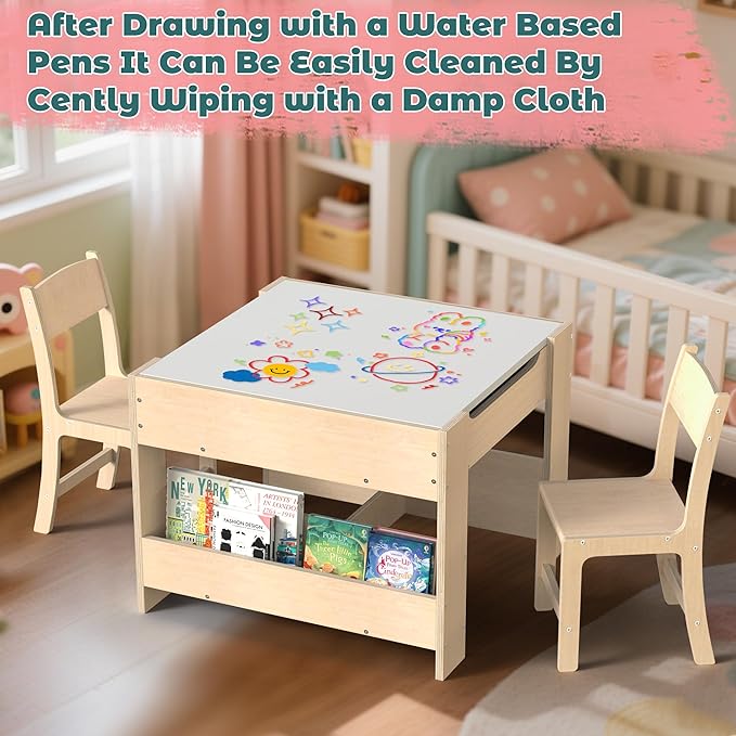 4-in-1 Kids Wooden Activity Desk & Chair Set – Birch Plywood Table with Reversible Whiteboard & Chalkboard, 3 Storage Areas for Toddlers’ Learning, Art, and Play(1-4 Years)