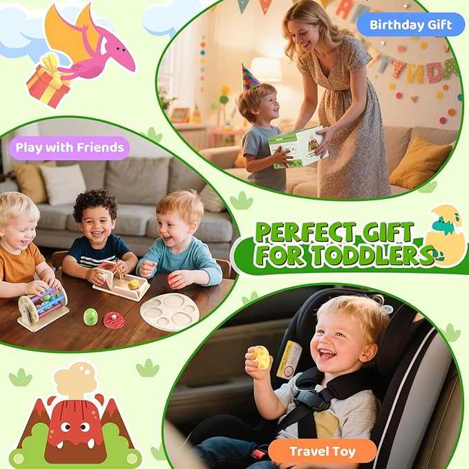 Montessori Toy Wooden Baby Toy Dinosaur Egg Toy, Spinning Drum, Object Permanence Box Ball Drop Toy, Stacking Matching Shape Puzzle Game Early Learning Gift Christmas Birthday for Toddlers
