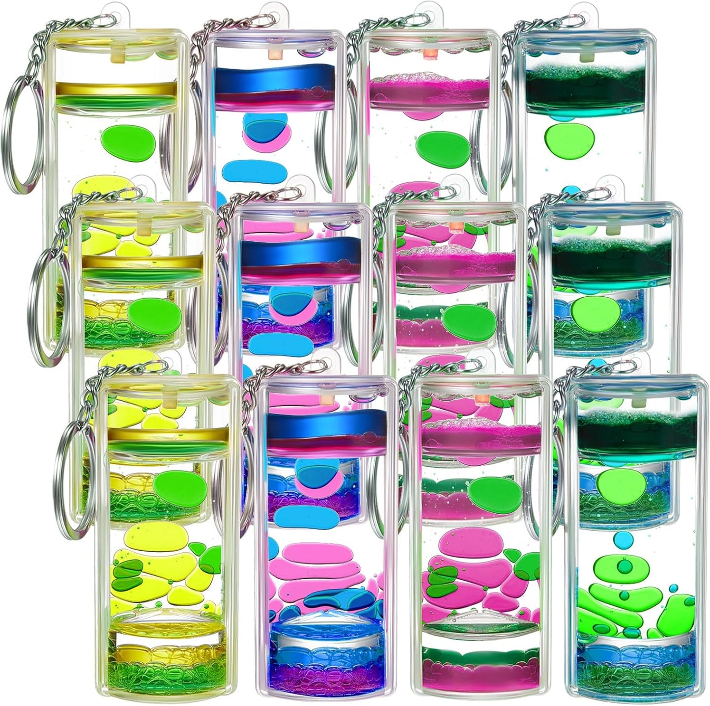 12 Pcs Liquid Motion Bubbler Keychains, Liquid Motion Bubbler Sensory Toys Liquid Keychain Fidget Keychain for Adults Stress Relief Gifts Calming Toys Party Favors Bag Pendant, 4 Styles