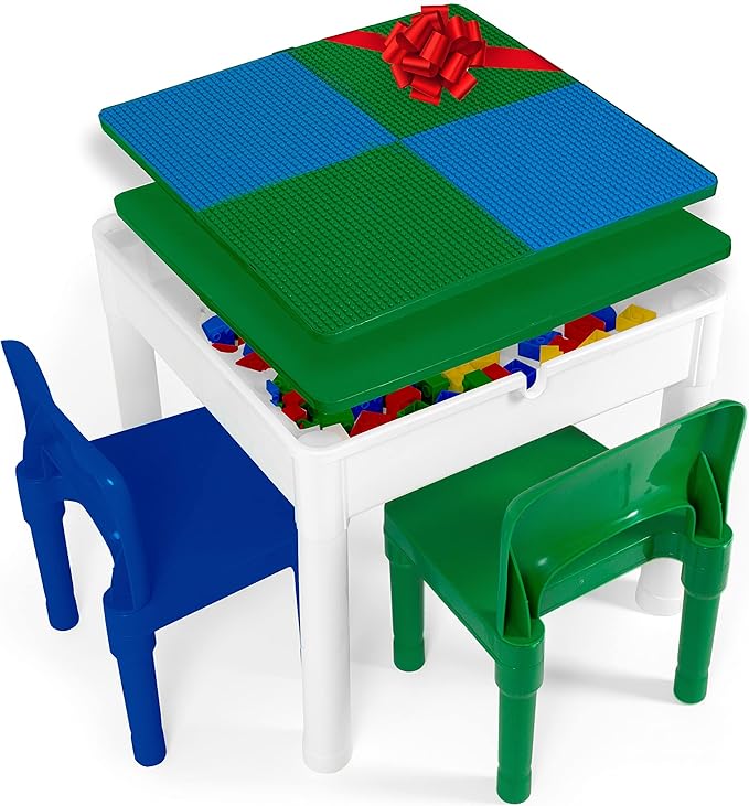Play Platoon 5 in 1 Kids Activity Table and Chair Set - Building Block, Stem, Craft & Sensory Tables for Toddlers with 2 Chairs & 25 XL Blocks - Blue and Green