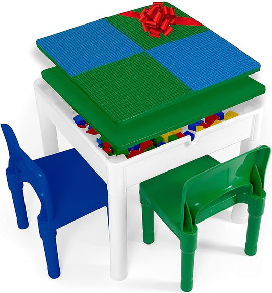 Play Platoon 5 in 1 Kids Activity Table and Chair Set - Building Block, Stem, Craft & Sensory Tables for Toddlers with 2 Chairs & 25 XL Blocks - Blue and Green