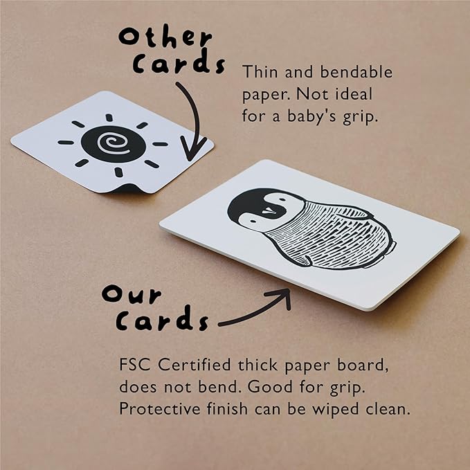 Wee Gallery Art Cards for Baby, Durable High Contrast Black and White Animal Flashcards for Newborns, Brain Development, Sensory Toys, Tummy Time Essentials for Infant and Toddler - Baby Animals