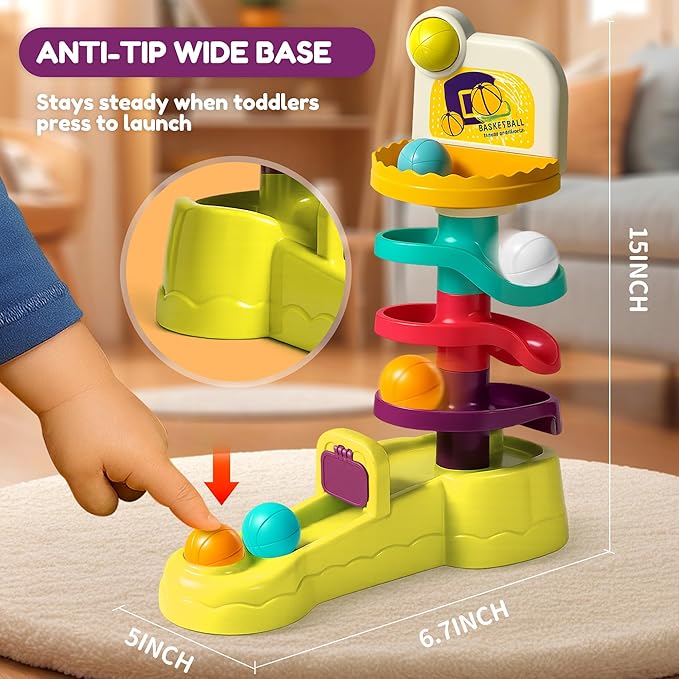 Montessori Ball Drop Toy for Toddlers 1-3, 2-in-1 Basketball Shooting Launcher with Spiral Ball Ramp Tower, Cause & Effect Preschool Learning, Birthday for Boys Girls