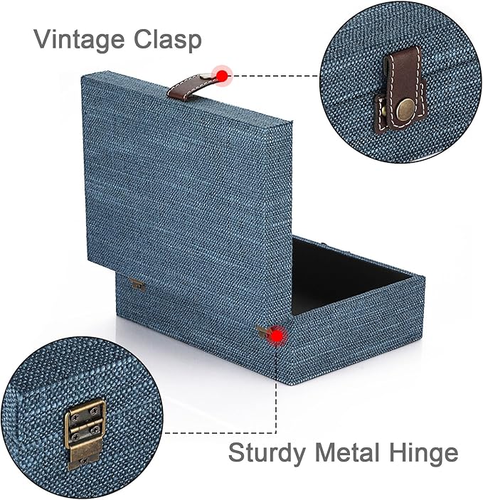 Hipiwe Treasure Chest Jewelry Box - Wooden Decorative Box with Clasp Linen Covered Memento Case Box Rectangular Keepsake Box Photos Storage Organizer Home Decor,Blue