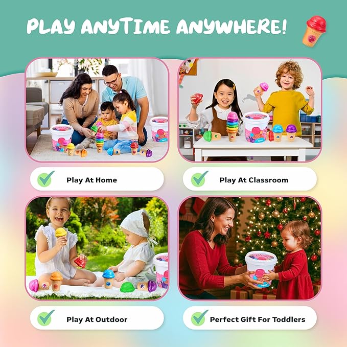 JOYCAT Ice Cream Play Set for Toddlers 1-3, Color Sorting Stacking Toys with 7 Matching Cones & Scoops, Pretend Play Food for Girls Kids Christmas Gifts, Fine Motor Skills Learning Toys for Preschool