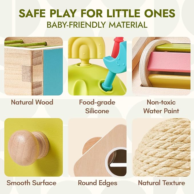 Giant bean Montessori Toys for Baby, 6-in-1 Wooden Early Education Learning Toys with Sensory Teething,Object Permanence Box,Shape Sorting Stacking Ring,Mirror Puzzle,Christmas Toy for Kid 1 2 3