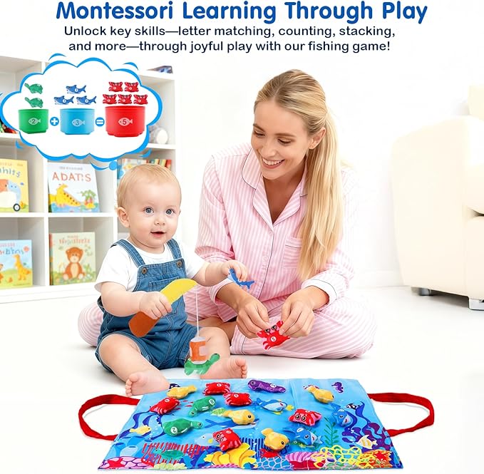 M SANMERSEN Montessori Toys for 1-2 Year Old - Toddler Fishing Game with Stacking Cups, Baby Toy 12-18 Months One Year Old Boy Girl Birthday Gift to Learn Count, Sort Colors and Shapes
