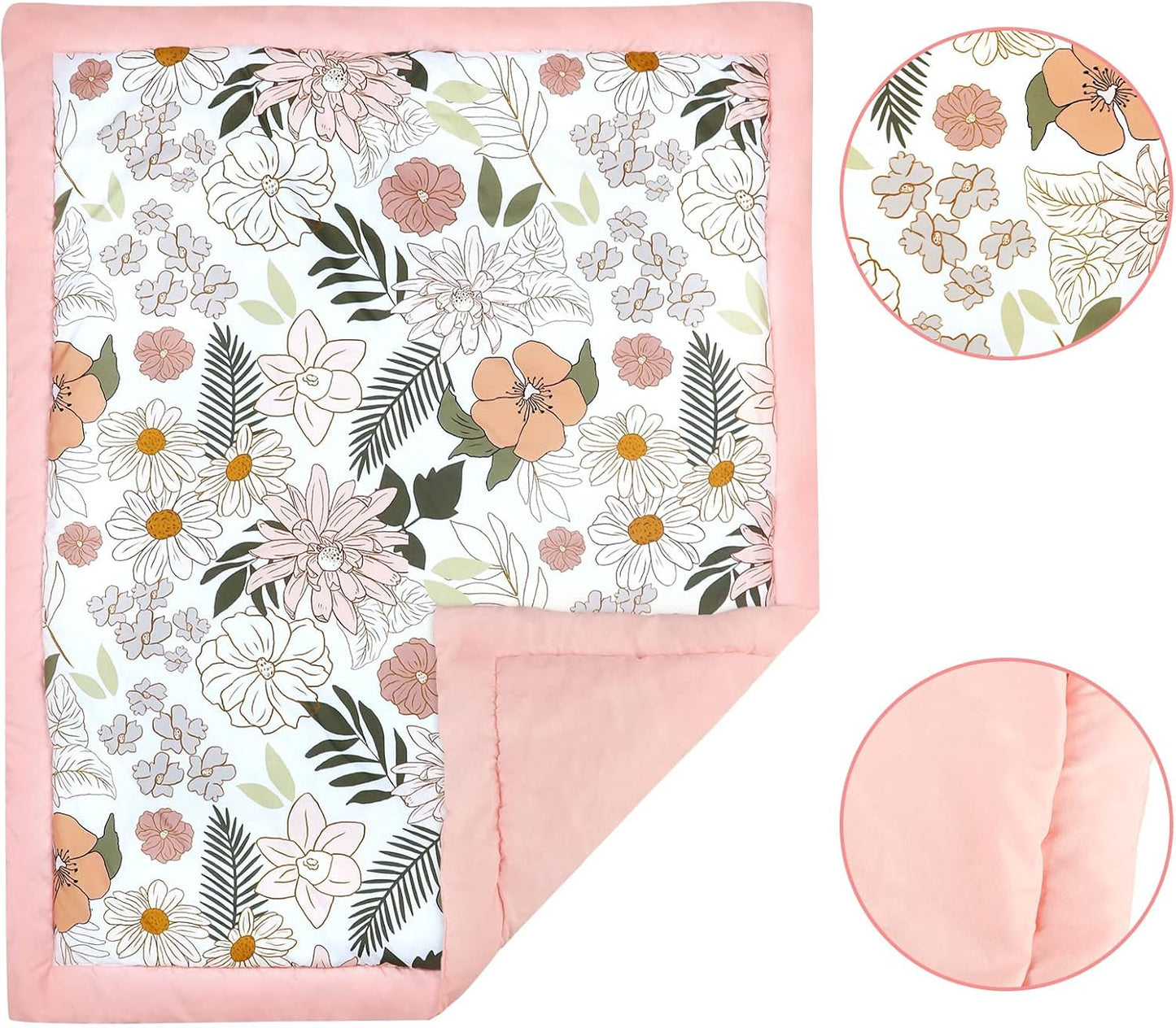 4-Piece Crib Bedding Set for Girls, Pink Baby Girl Bedding Set with Crib Skirt, Baby Quilt, Crib Sheet and Diaper Stacker, Daisy Flower