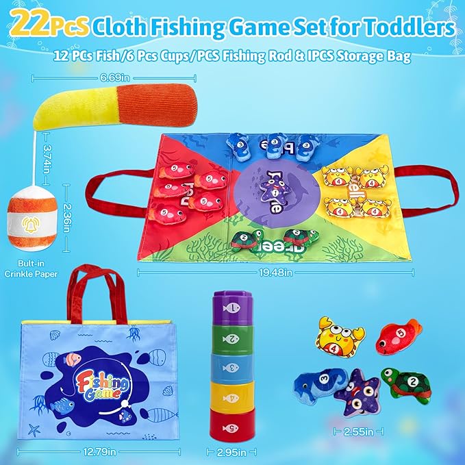 Montessori Toys for 1 Year Old Boys Girls – 22 in 1 Cloth Fishing Game with Stacking Cups, Color Sorting & Number Counting Learning Toys, Birthday for Toddlers 1-3