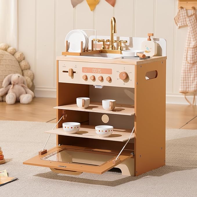 ROBOTIME Wooden Toy Dishwasher Sink – Caramel Pretend Kitchen Toy with Gold Faucet, Turning Knobs, Dish Rack, Plates, Bowls, Cups – Montessori Wooden Play Kitchen for Girls Ages 3+