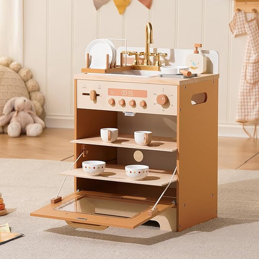 ROBOTIME Wooden Toy Dishwasher Sink – Caramel Pretend Kitchen Toy with Gold Faucet, Turning Knobs, Dish Rack, Plates, Bowls, Cups – Montessori Wooden Play Kitchen for Girls Ages 3+