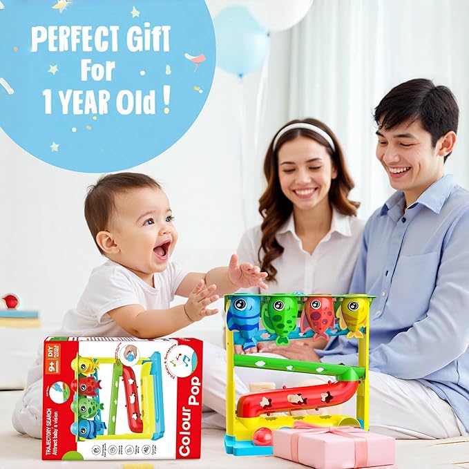 Ball Drop Toy for 1, 2 Years Old Boys & Girls, Interactive Toddler toy with Lights, Music & Water Spray, Montessori STEM Learning Toys for 9-18 Months, Infant Early Development Gift (Blue)