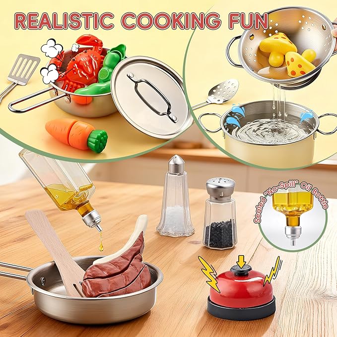 Play Kitchen Accessories, Large Stainless Steel Toddler Cooking Set, Kids Kitchen Playset with Cutting Play Food, Condiments, Chef Apron & Hat, Service Bell, Toy Food with 2 Baskets, Boys Girls Gifts.