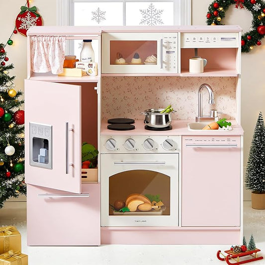 Tiny Land Play Kitchen for Kids, Upgraded Wooden Kitchen Toy with Complete Play Areas, Pretend Cooking Set with Sink, Stove, Microwave, Toy Coffee Station & Storage for Kids Ages 3+