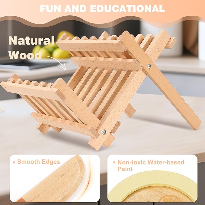 Wooden Play Cookware Set, Pretend Play Kitchen Accessories Toys Set for Kids Toddlers, Including Play Dishes, Pan, Tableware, Utensils