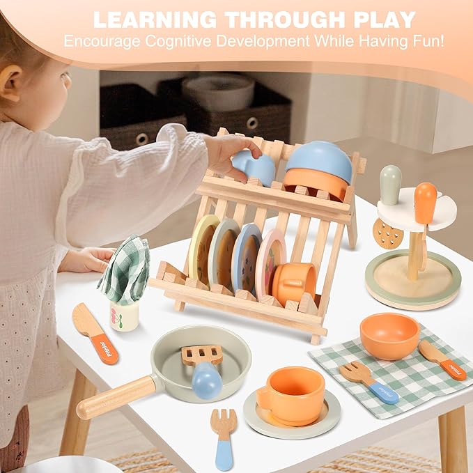 Wooden Play Cookware Set, Pretend Play Kitchen Accessories Toys Set for Kids Toddlers, Including Play Dishes, Pan, Tableware, Utensils
