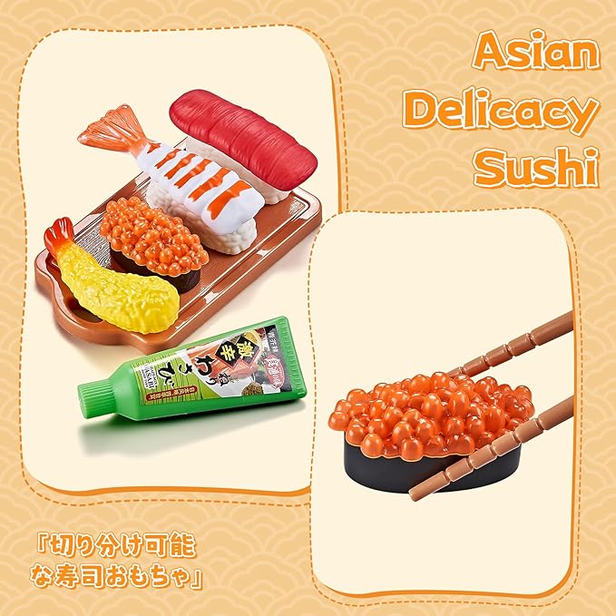 Play Food Sets for Kids Kitchen, Global Cuisine Toddler Cutting Fake Food Toys Including Pizza, Sushi & Bakery , Pretend Toy Food & Play Kitchen Accessories with 2 Baskets, Ideal Gift for Boys Girls