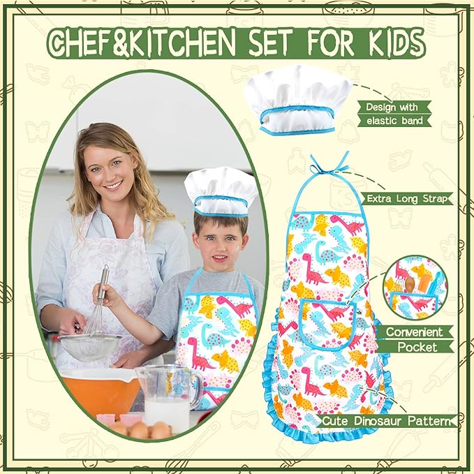 KAEGREEL Kids Baking Chef Set, 26Pcs with Dinosaur Apron & Hat Role Play Cooking Chef Cooking Dress Up Toys, Pretend Play Kitchen Toys Gifts for Boys Girls Aged 3-8